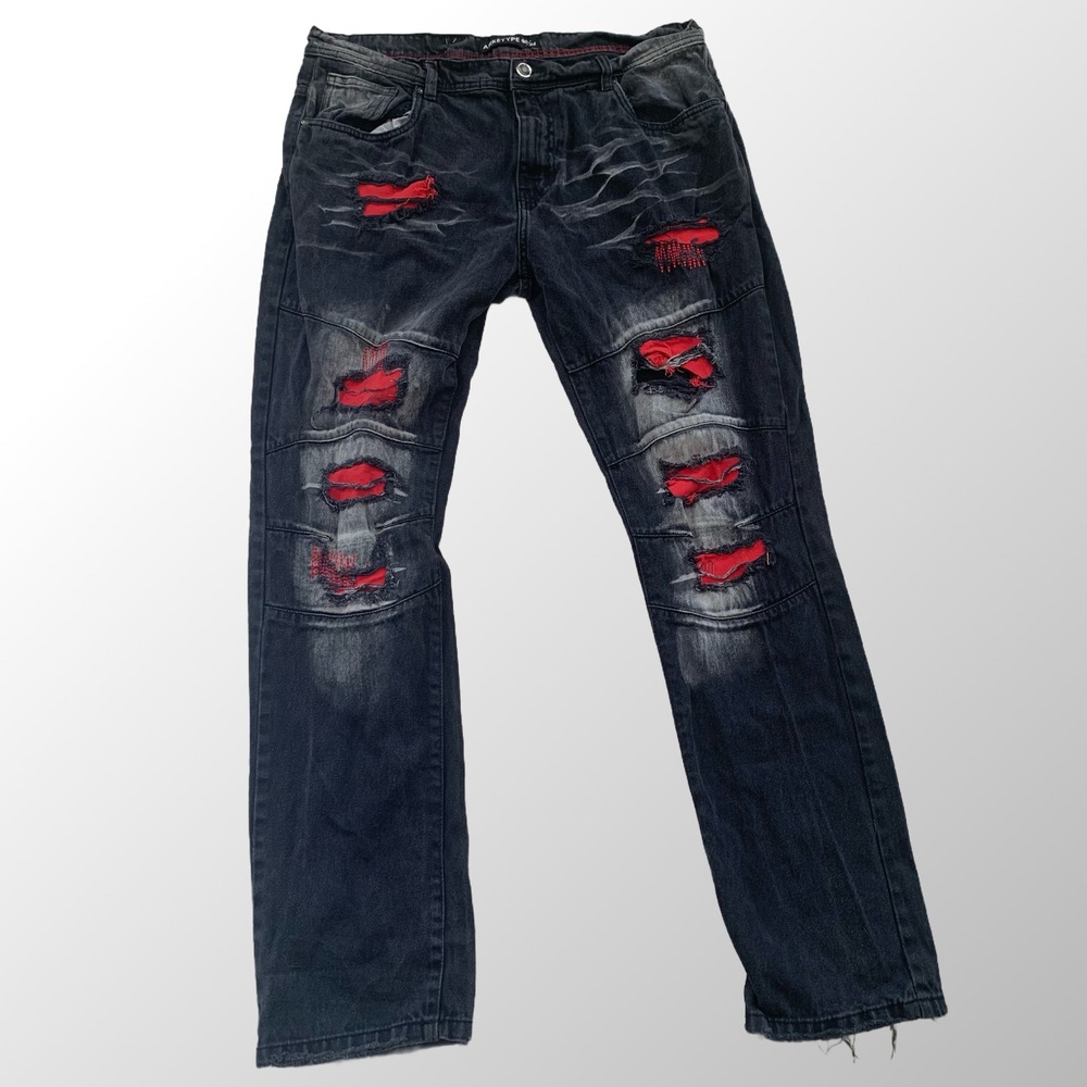 Arketype Mens Jeans 40/34‎ Black with Red Distressed